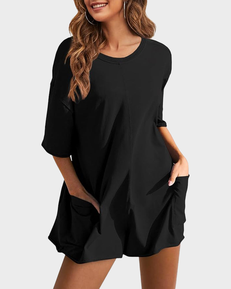 Casual One-Piece V-Back Romper with Pockets