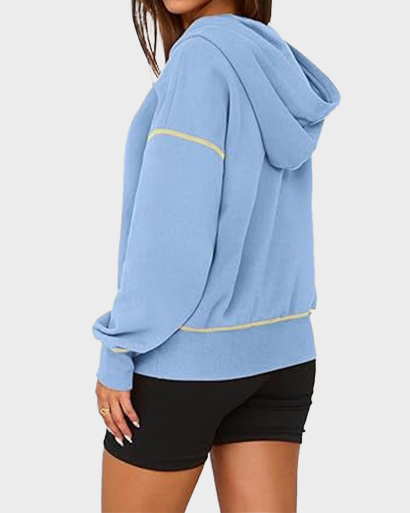 Cropped Half-Zip Hoodie with Contrast Stitching