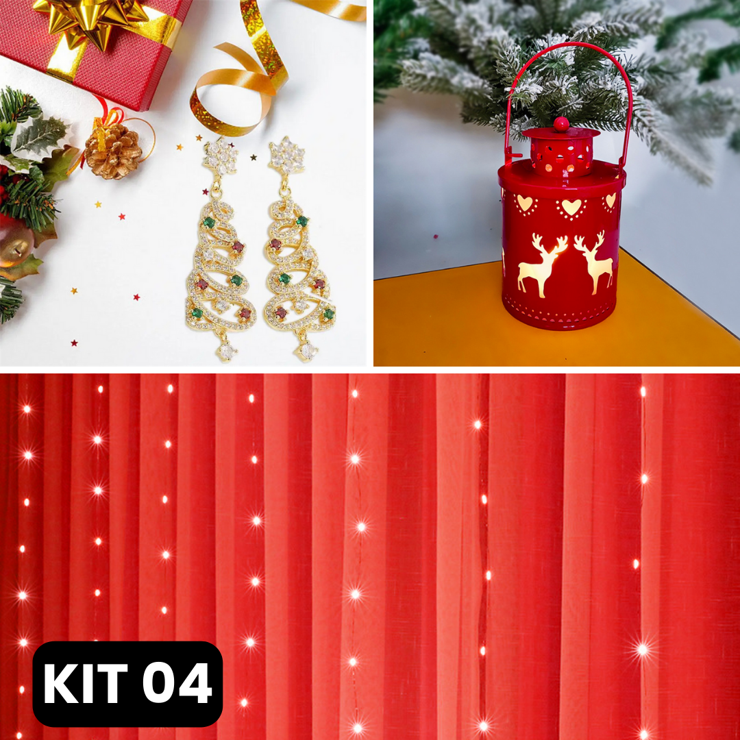 Kit Natalino 3 em 1 | Cortina de LED (3x3m) + Velas Lanternas + Brincos Natalinos - PROMOÇÃO BLACK FRIDAY