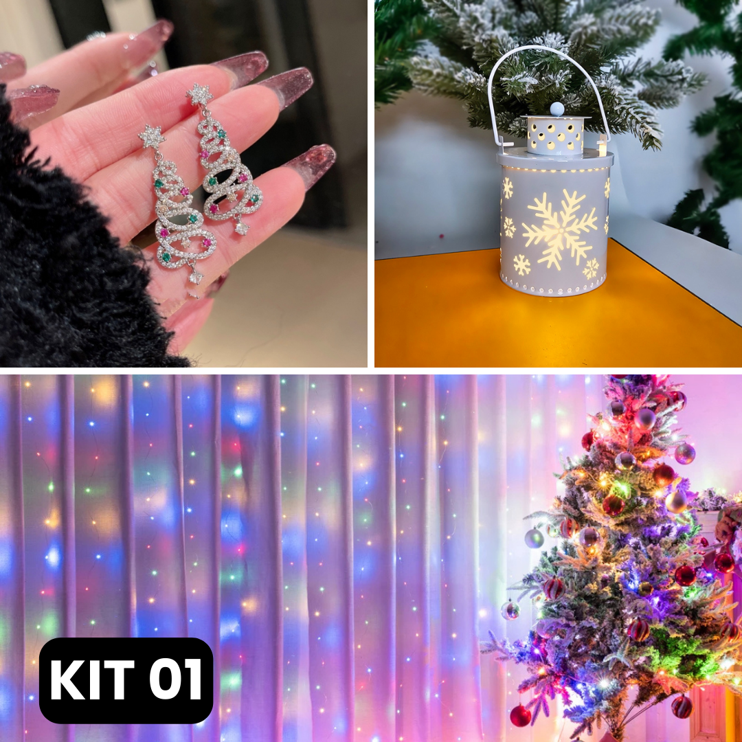 Kit Natalino 3 em 1 | Cortina de LED (3x3m) + Velas Lanternas + Brincos Natalinos - PROMOÇÃO BLACK FRIDAY
