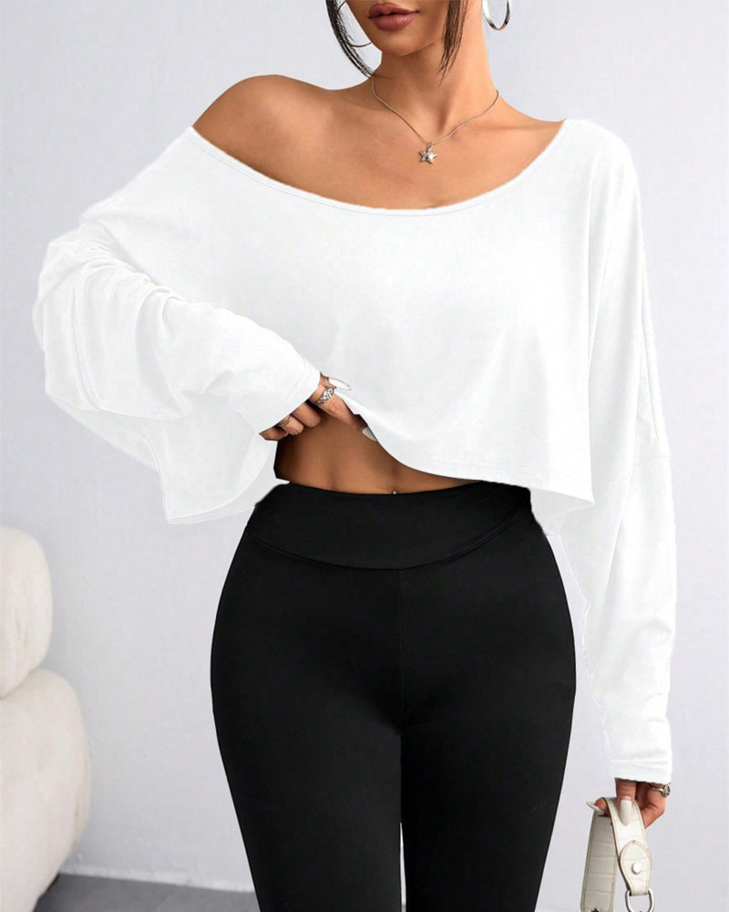 Casual Off-Shoulder Long Sleeve Asymmetrical Crop Top