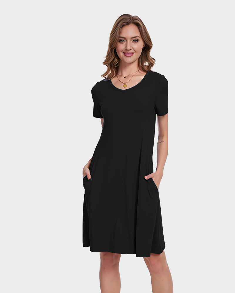 Casual V-Neck T-Shirt Dress with Pockets