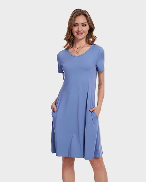 Casual V-Neck T-Shirt Dress with Pockets