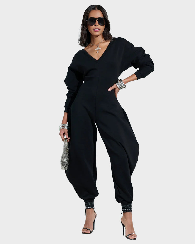 Cozy Deep V Sweatshirt Jumpsuit