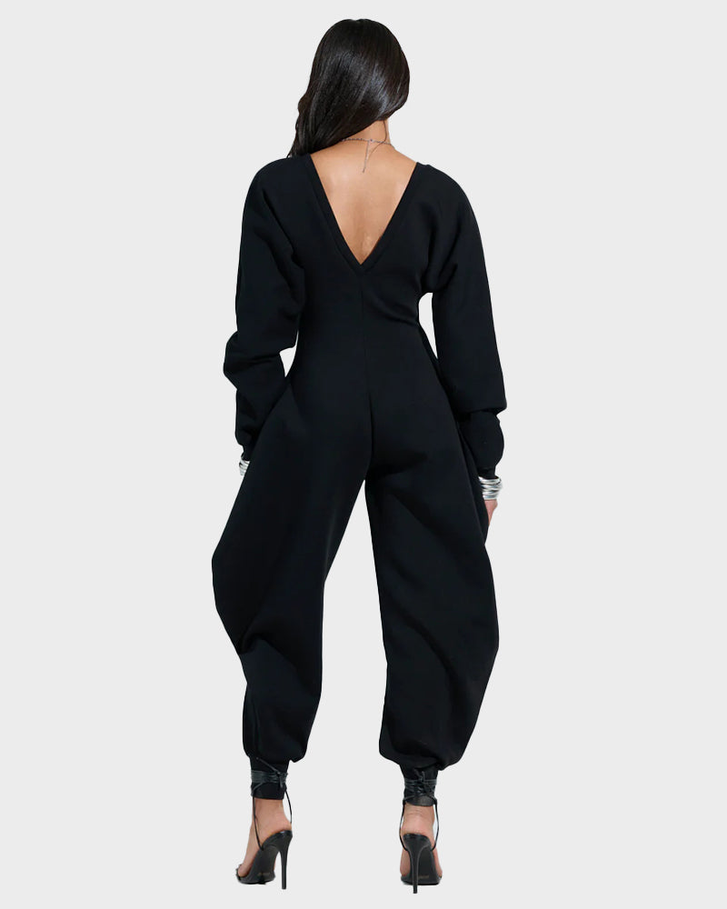 Cozy Deep V Sweatshirt Jumpsuit