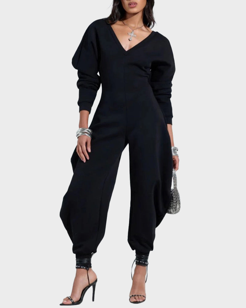 Cozy Deep V Sweatshirt Jumpsuit