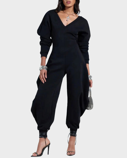Cozy Deep V Sweatshirt Jumpsuit