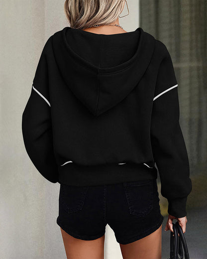 Cropped Half-Zip Hoodie with Contrast Stitching
