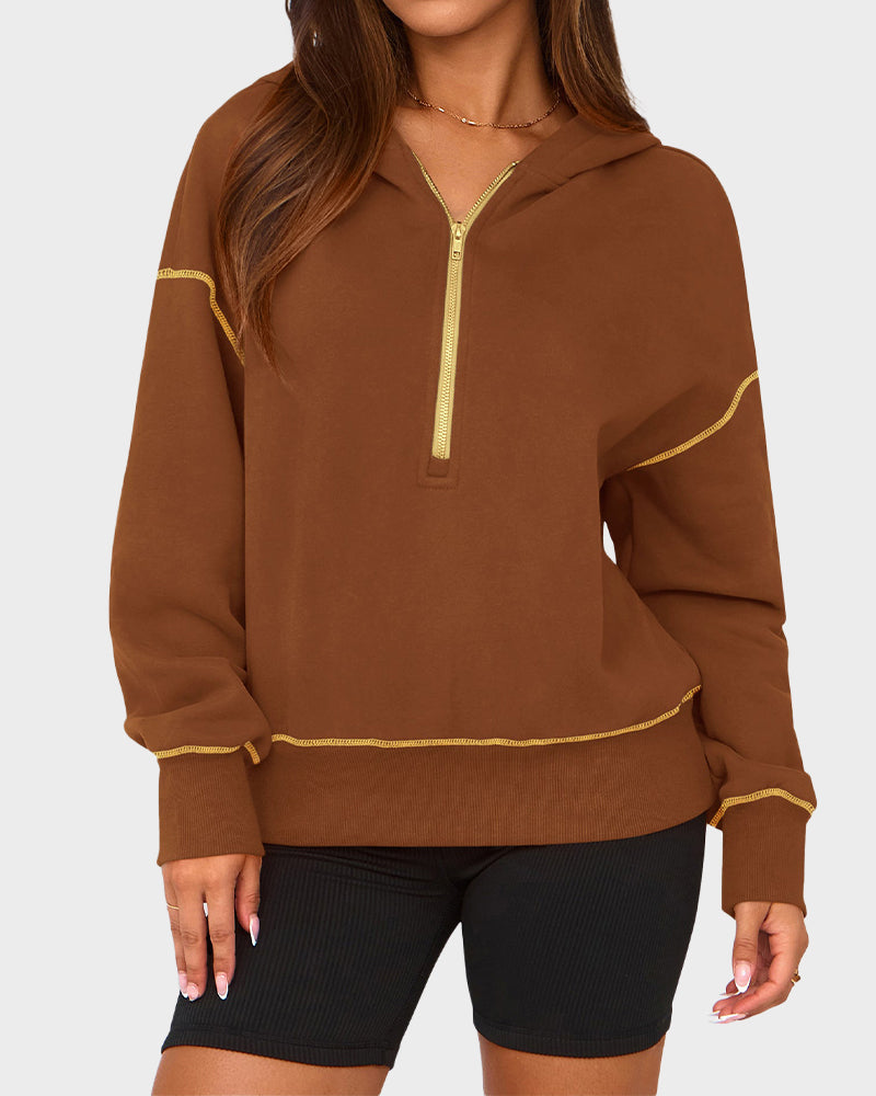 Cropped Half-Zip Hoodie with Contrast Stitching