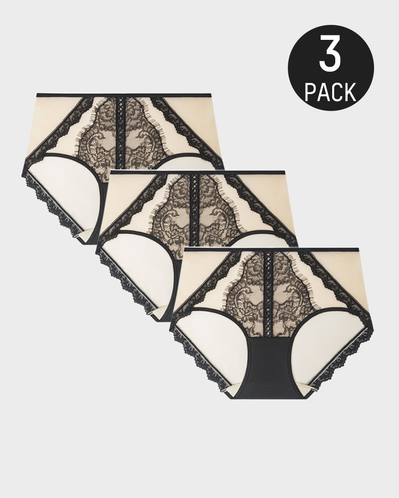 Elegant Antibacterial Mulberry Silk Mid-Waist Lace Panel Panties (3 Pack)