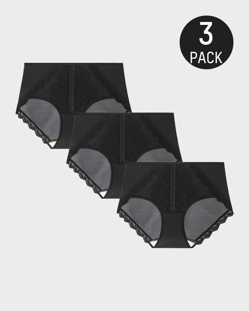 Elegant Antibacterial Mulberry Silk Mid-Waist Lace Panel Panties (3 Pack)