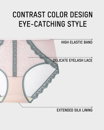 Elegant Antibacterial Mulberry Silk Mid-Waist Lace Panel Panties (3 Pack)