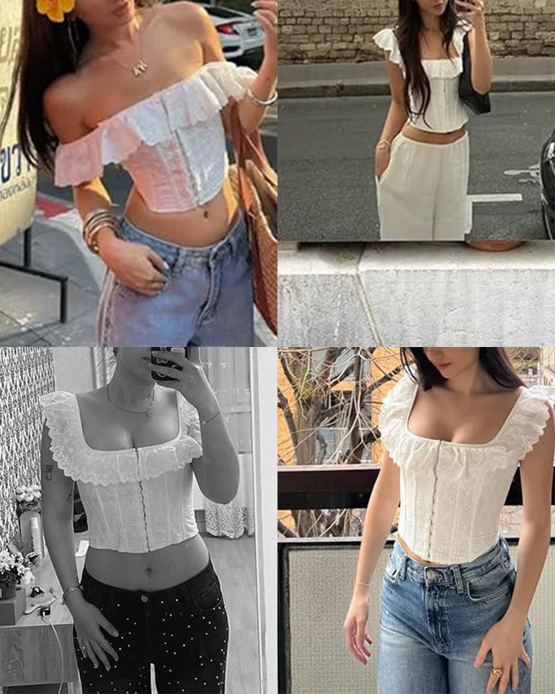 Lace-Up Eyelet Corset Top with Ruffle Off-Shoulder Neckline