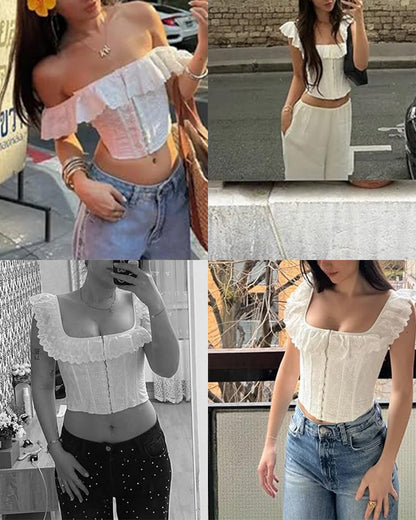 Lace-Up Eyelet Corset Top with Ruffle Off-Shoulder Neckline