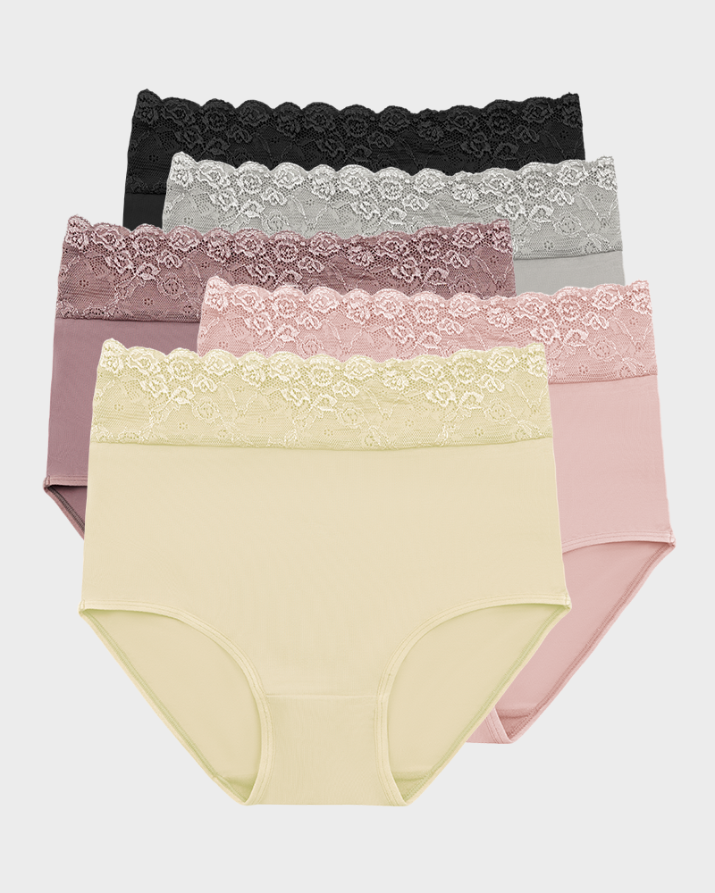 High-Waist Lace Trim Cotton Panties (5 Pack)