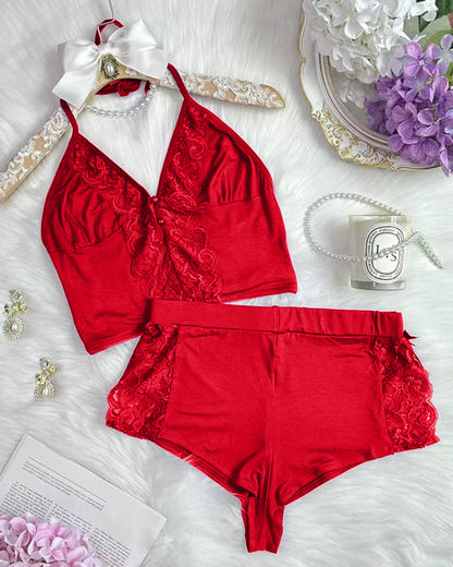 Lace Trim Satin Pajama Cami & Split Shorts Set