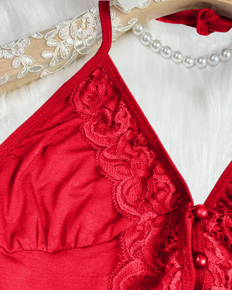 Lace Trim Satin Pajama Cami & Split Shorts Set