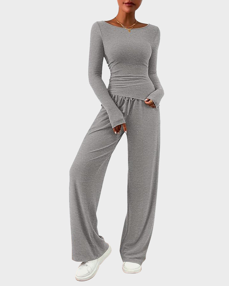Long Sleeve Tee & Wide Leg Pants 2 Piece Lounge Set