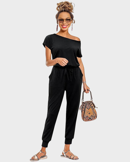 Off-Shoulder Short Sleeve Beam Foot Jumpsuit