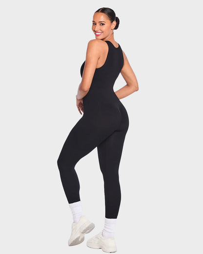 Seamless Ribbed Front Zip Compression Jumpsuit