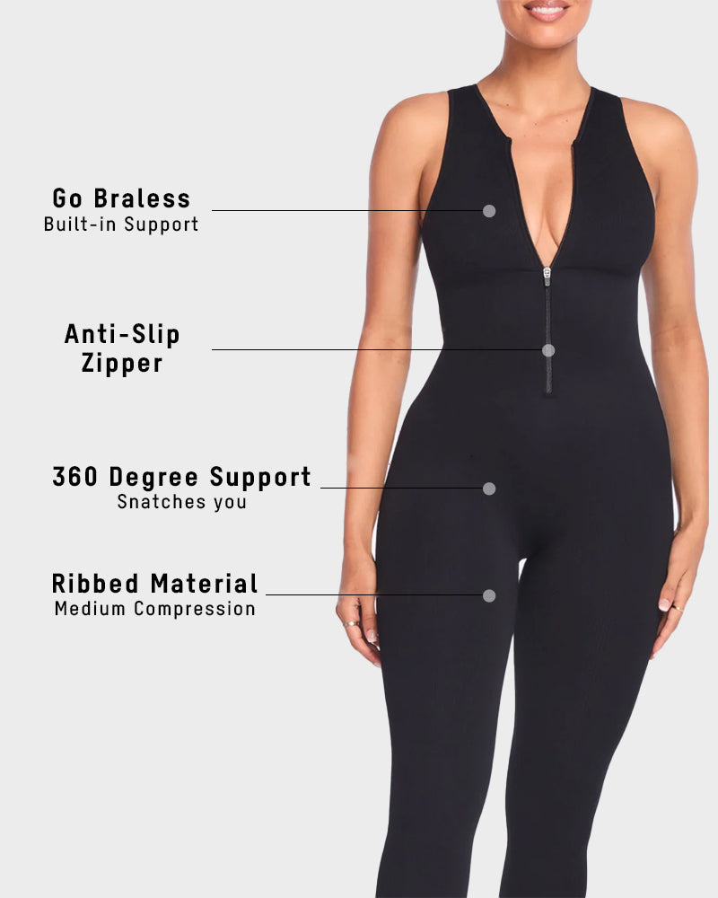 Seamless Ribbed Front Zip Compression Jumpsuit