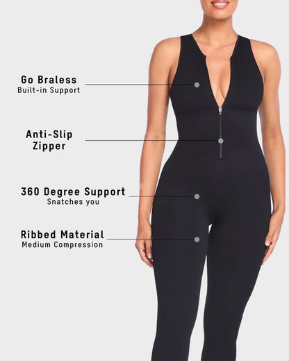 Seamless Ribbed Front Zip Compression Jumpsuit