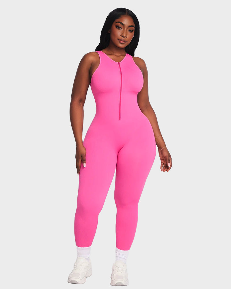Seamless Ribbed Front Zip Compression Jumpsuit