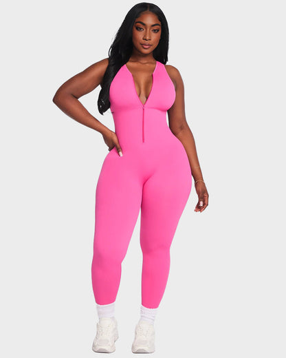 Seamless Ribbed Front Zip Compression Jumpsuit