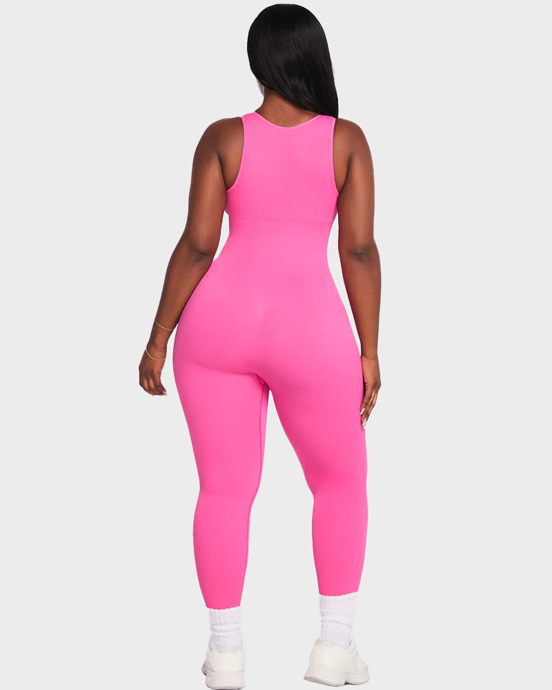 Seamless Ribbed Front Zip Compression Jumpsuit