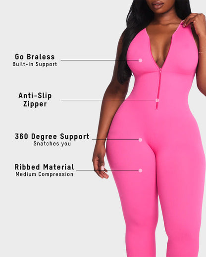 Seamless Ribbed Front Zip Compression Jumpsuit