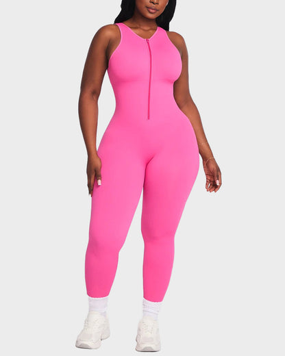 Seamless Ribbed Front Zip Compression Jumpsuit