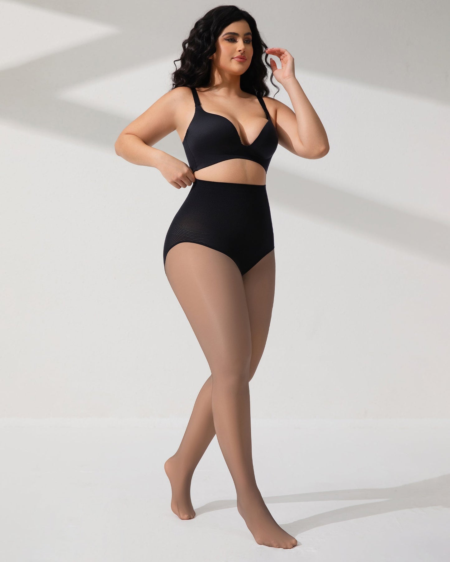 Semi-Sheer Black High-Waist Shaping Tights – Thin & Fleece-Lined
