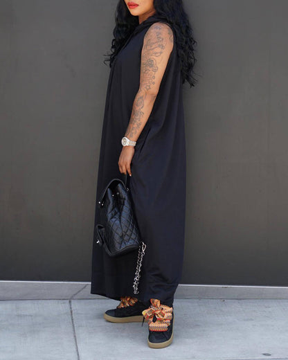 Sleeveless Hoodie Maxi Dress with Pockets