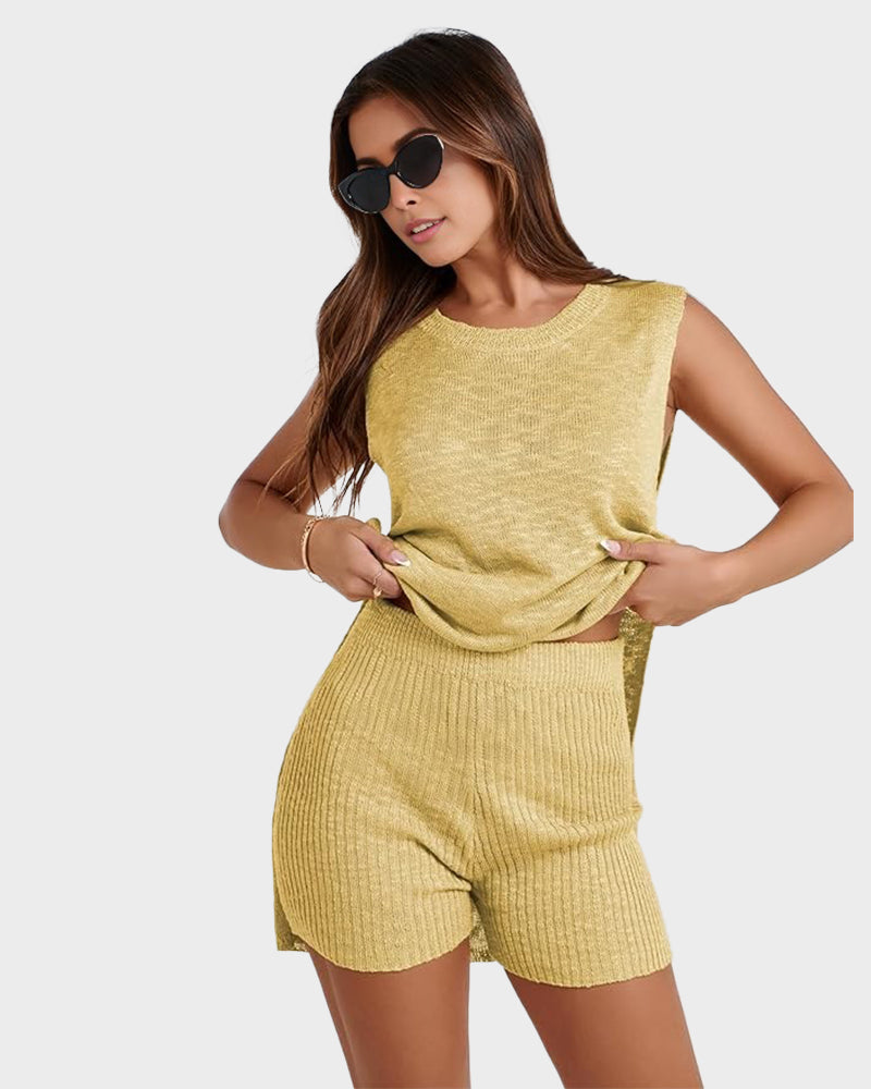 Sleeveless Knit Lounge Set with Side-Split Tank & Shorts