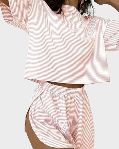 Two-Piece Striped Pajama Set with T-Shirt & Side-Split Shorts