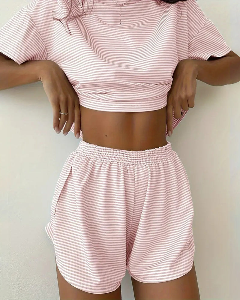 Two-Piece Striped Pajama Set with T-Shirt & Side-Split Shorts