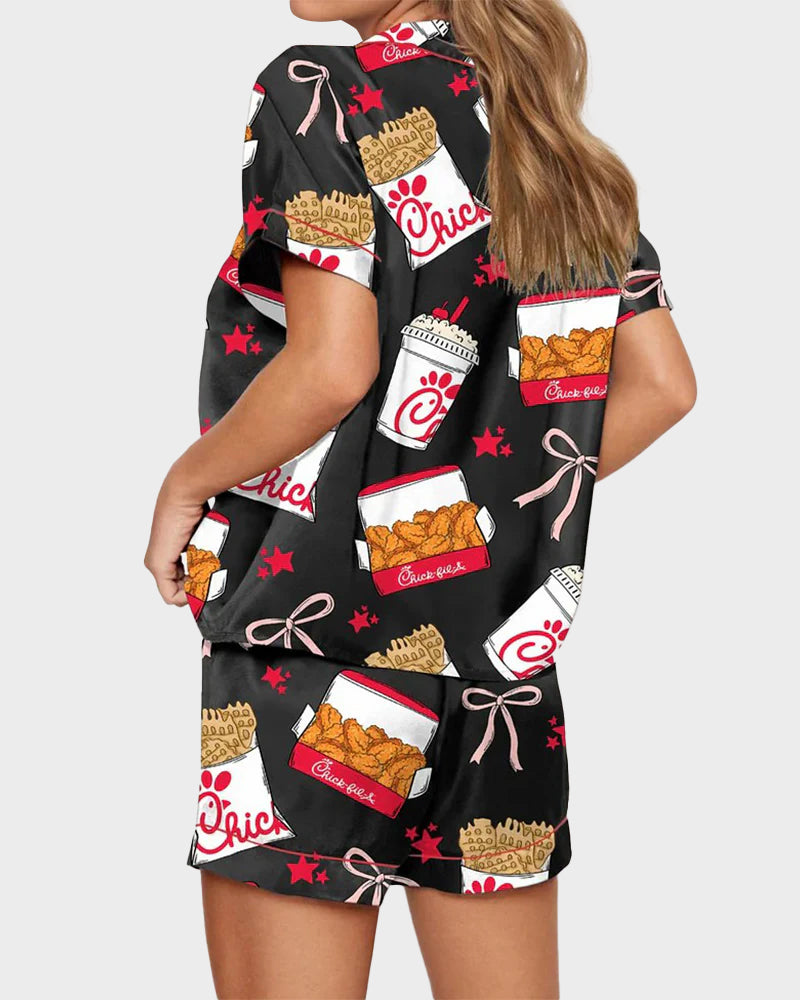 2-Piece Fried Chicken Print Satin Pajama Set