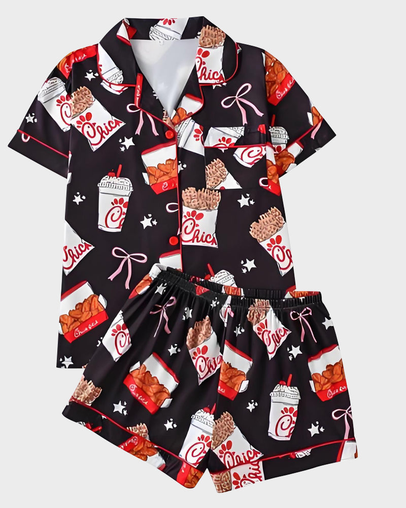 2-Piece Fried Chicken Print Satin Pajama Set