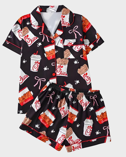2-Piece Fried Chicken Print Satin Pajama Set