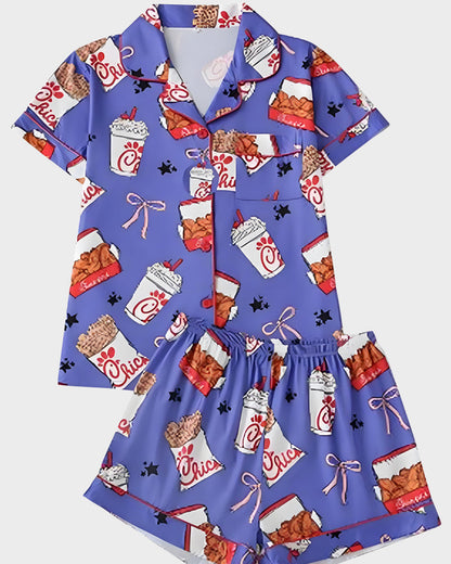 2-Piece Fried Chicken Print Satin Pajama Set