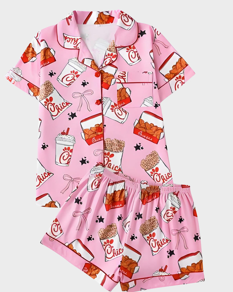 2-Piece Fried Chicken Print Satin Pajama Set