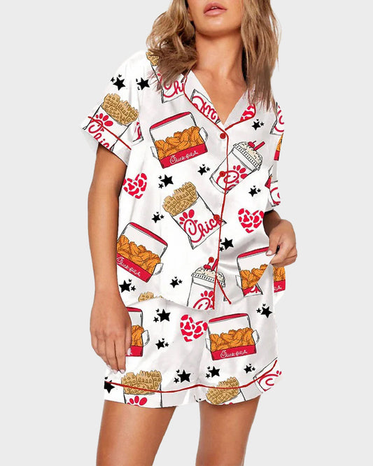 2-Piece Fried Chicken Print Satin Pajama Set