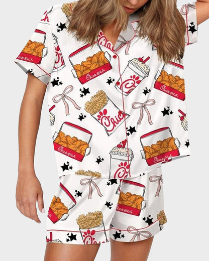 2-Piece Fried Chicken Print Satin Pajama Set