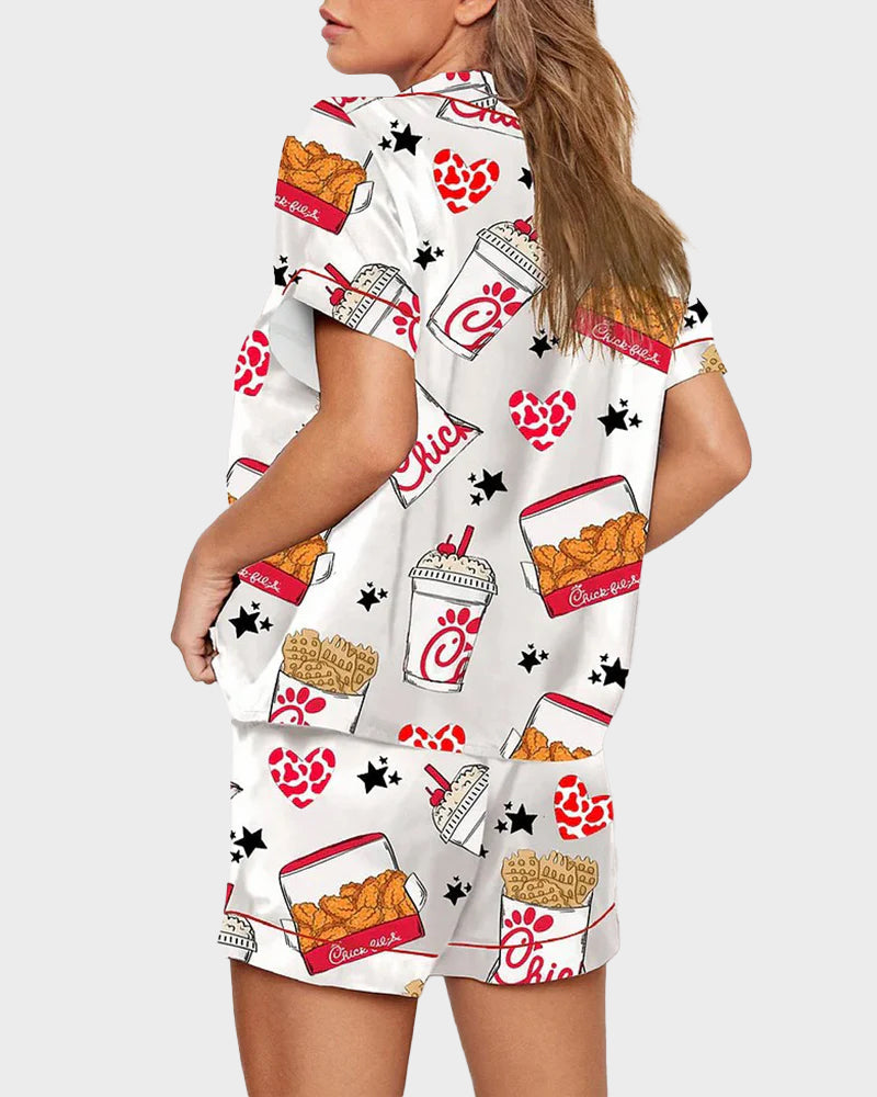 2-Piece Fried Chicken Print Satin Pajama Set