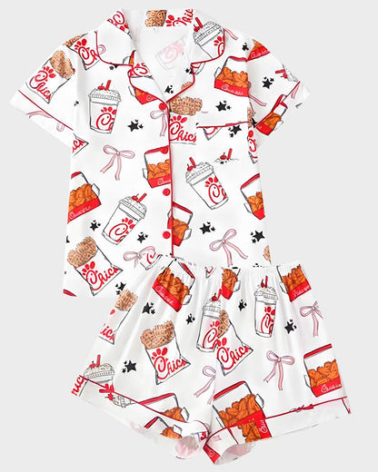 2-Piece Fried Chicken Print Satin Pajama Set