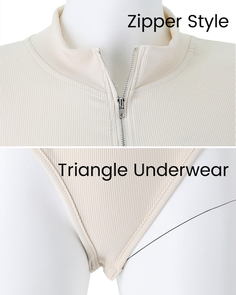 Body gainant côtelé à manches longues avec demi-fermeture éclair