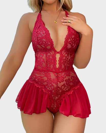 Lace Halter Teddy with Sheer Skirt
